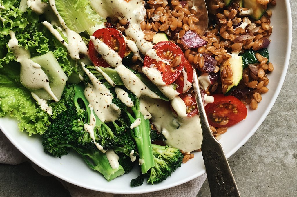 Weeknight Farro Bowl with Creamy Vegan Ranch Dressing