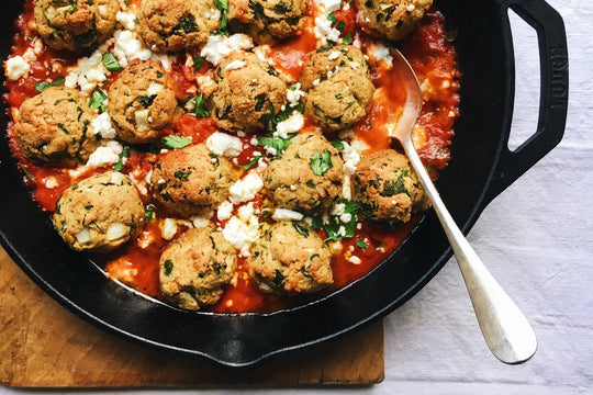 Kabuli Chickpea, Ricotta, and Spinach Meatballs in Tomato Sauce