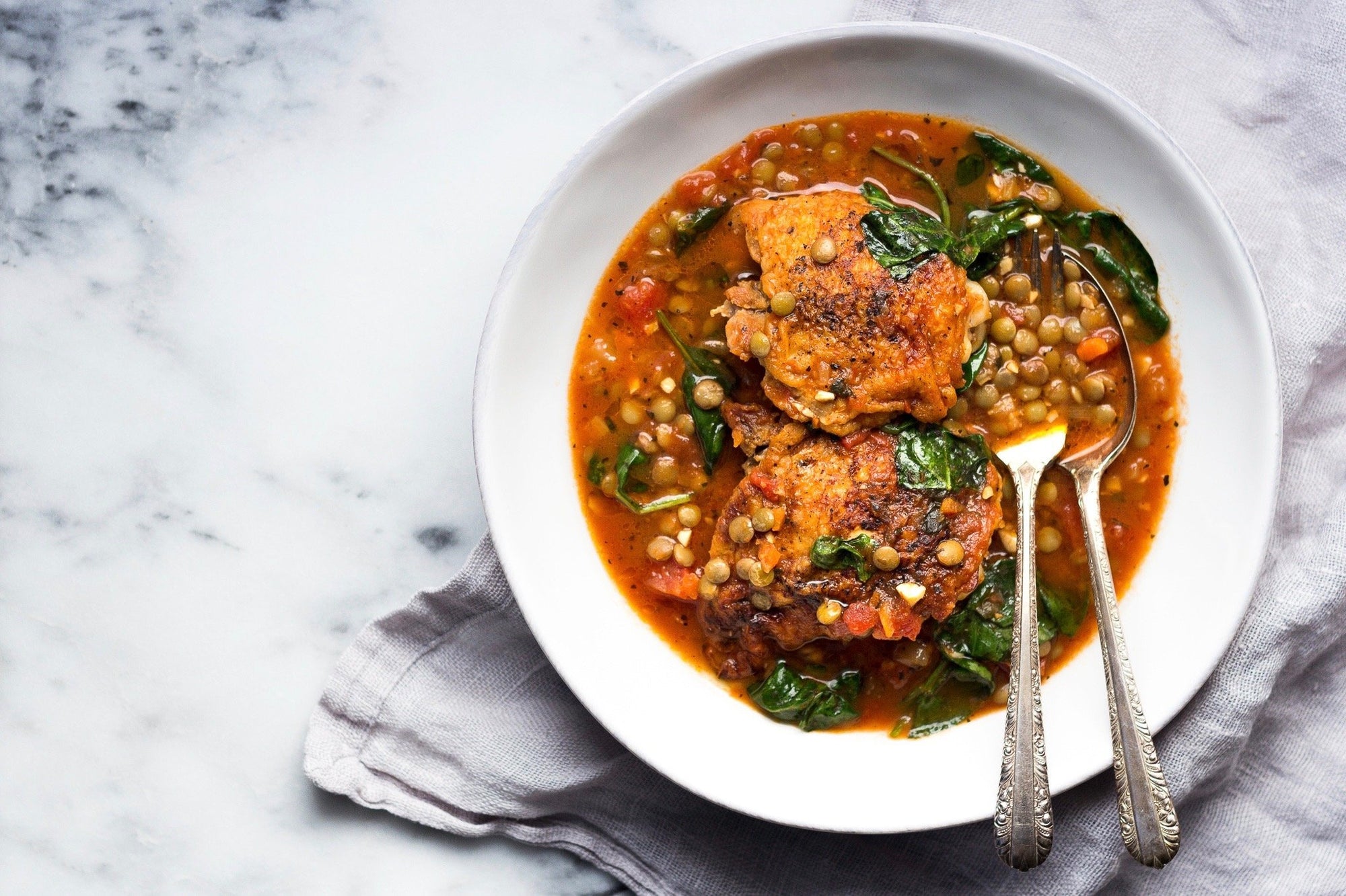 Braised Chicken with Lentils and Spinach in Tomato Broth