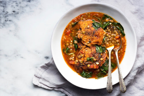 Braised Chicken with Lentils and Spinach in Tomato Broth