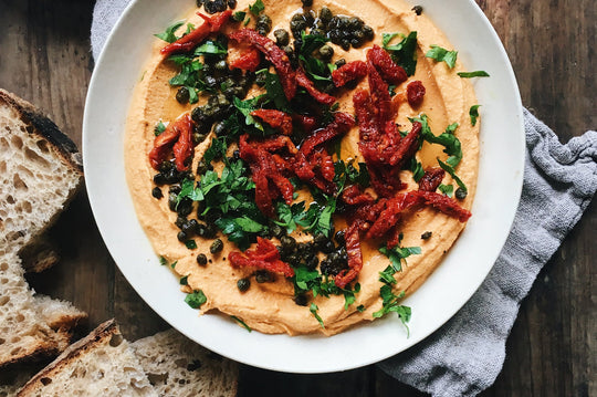Red Pepper Hummus with Fried Capers + Sun-Dried Tomatoes