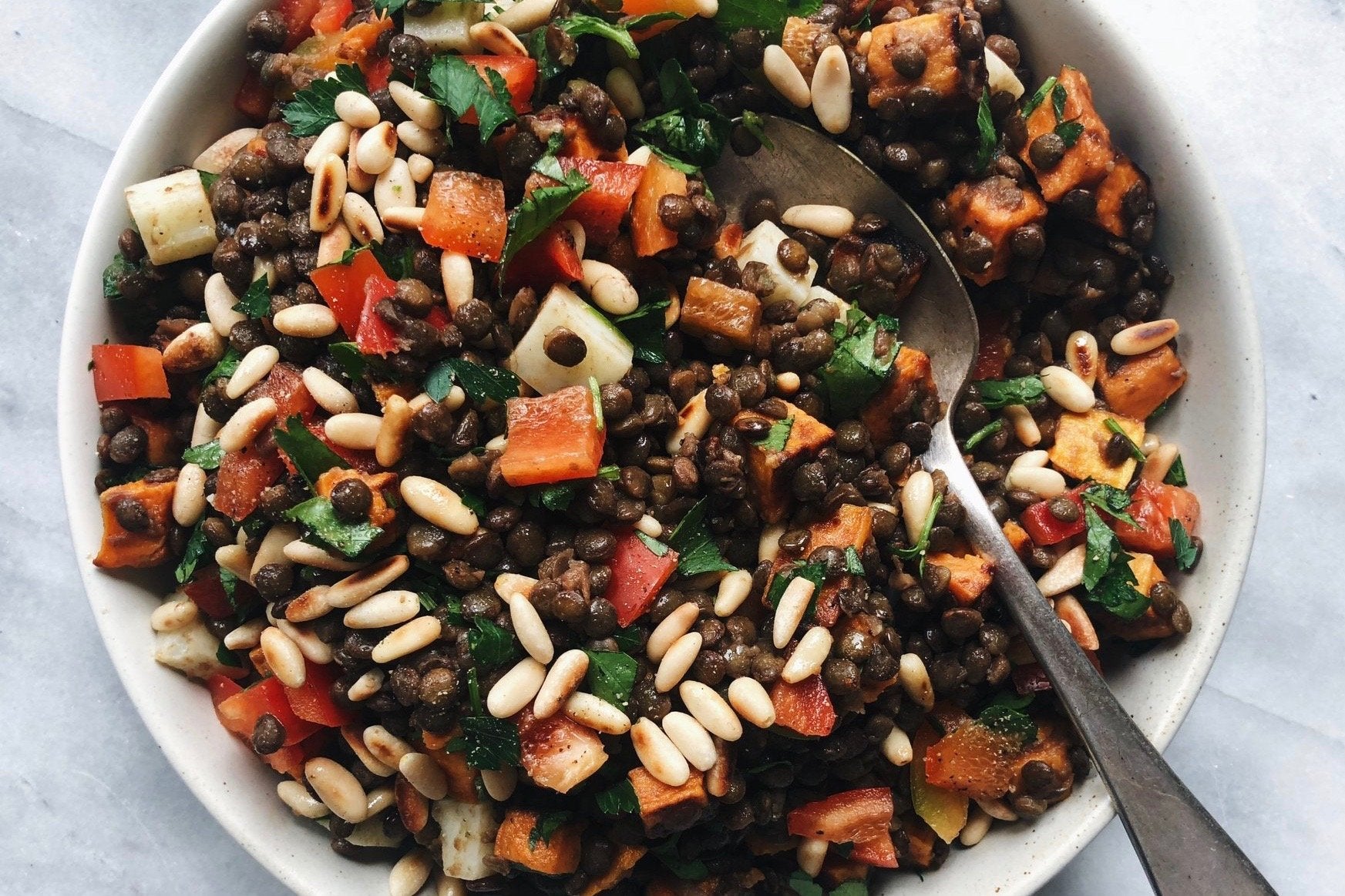 French Lentil Salad with Roasted Yam + Pine Nuts