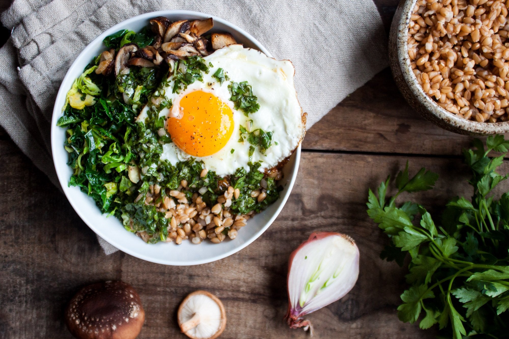 Farro Bowl with Shiitakes + Winter Greens