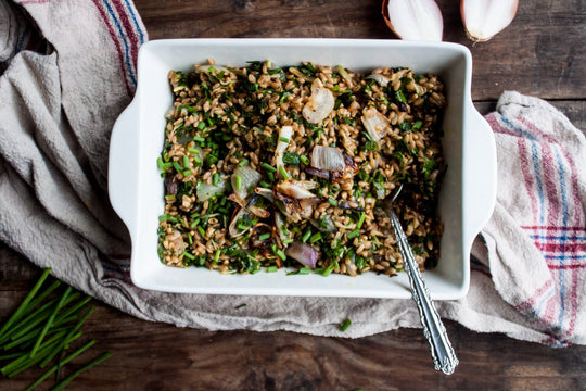 Jana's Farro Salad with Roasted Shallots + Herbed Oil