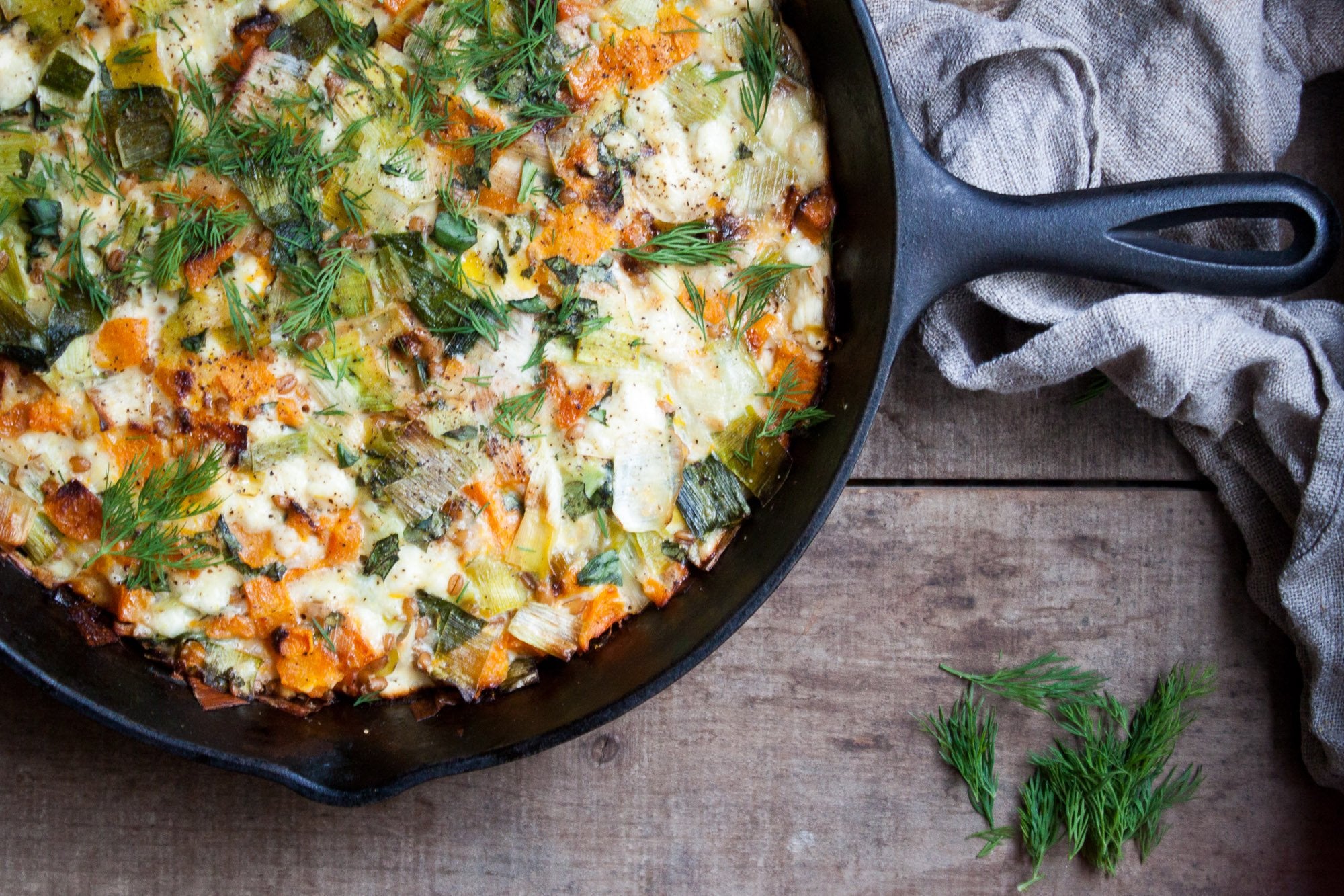 Wheat Berry Gratin with Leeks, Feta + Winter Squash