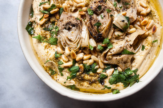 Classic Hummus with Pine Nuts, Grilled Artichokes + Olive Oil