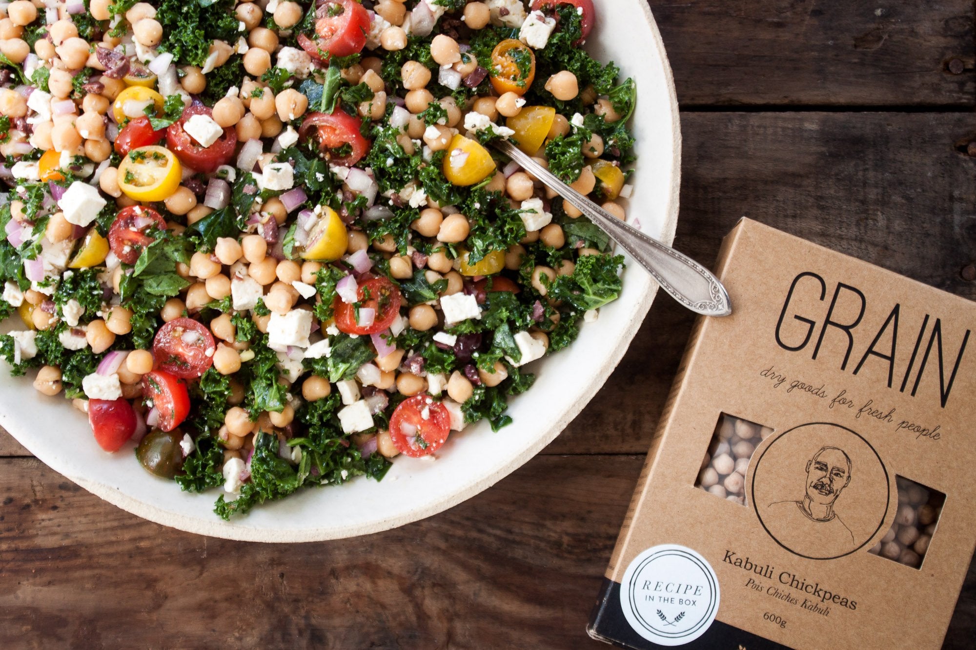 Chickpea Kale Salad with Feta, Olives & Basil