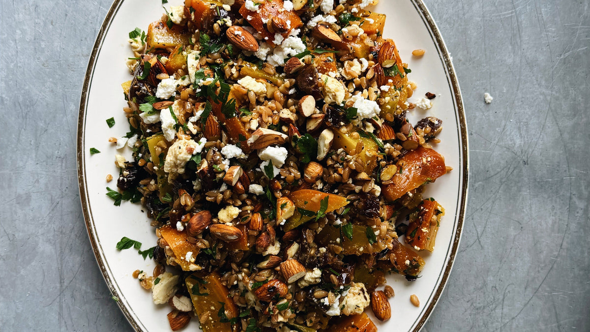 Roasted Gold Beets with Farro, Dates + Almonds