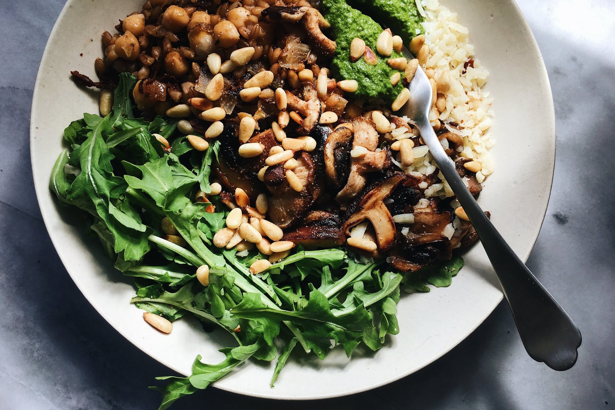 Farro & Kabuli Chickpea Mushroom Bowl with Spring Sorrel Sauce